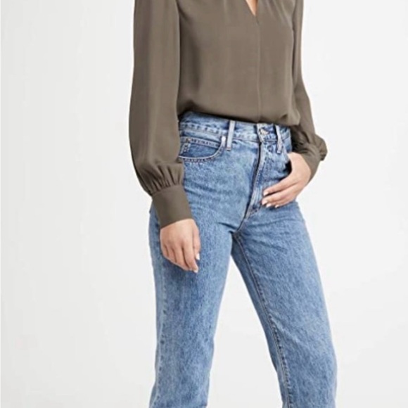 Theory Silk Neck Band Blouse Teak Taupe Keyhole M - Picture 4 of 11